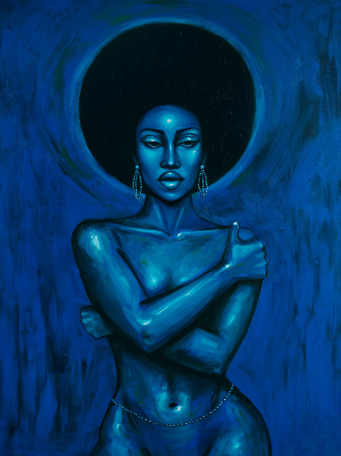 Blue Eclipse oil painting woman with glowing halo