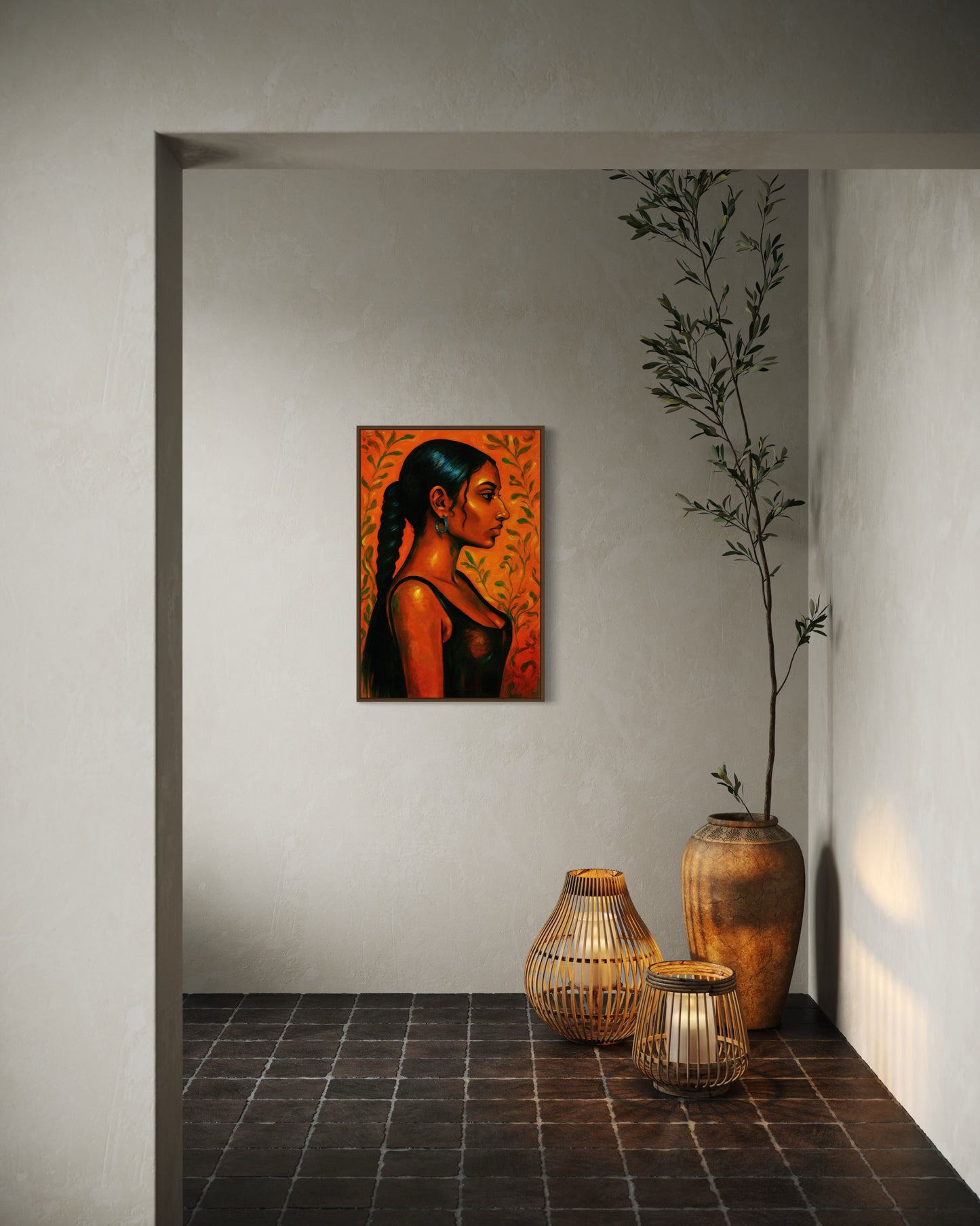 Ember artwork hung in minimalist white interior space