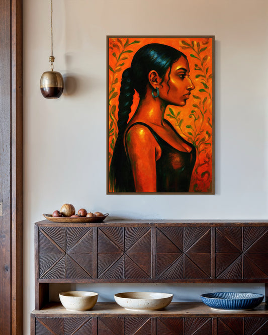 Ember painting displayed above wooden sideboard in home
