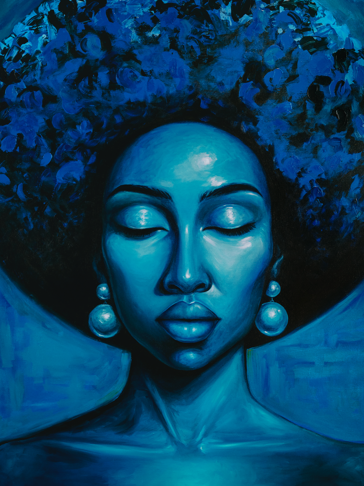 Inward original oil painting contemplative blue portrait