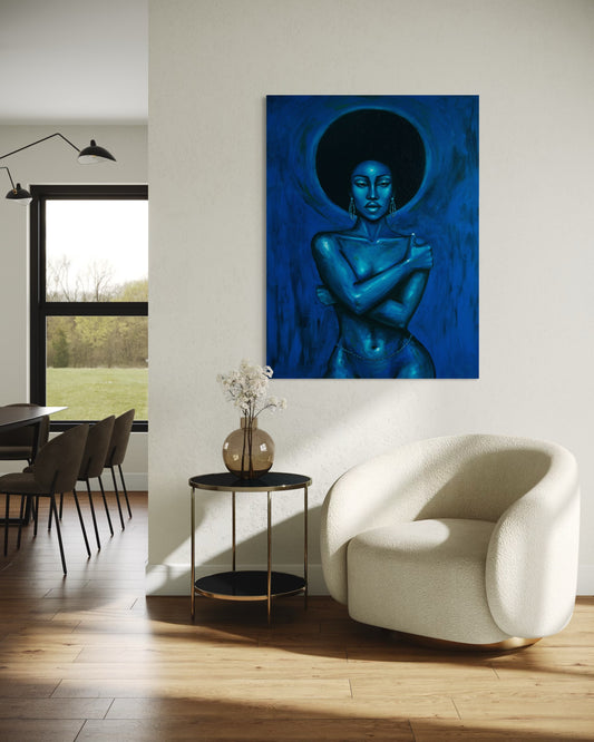 Blue Eclipse artwork displayed in modern living room
