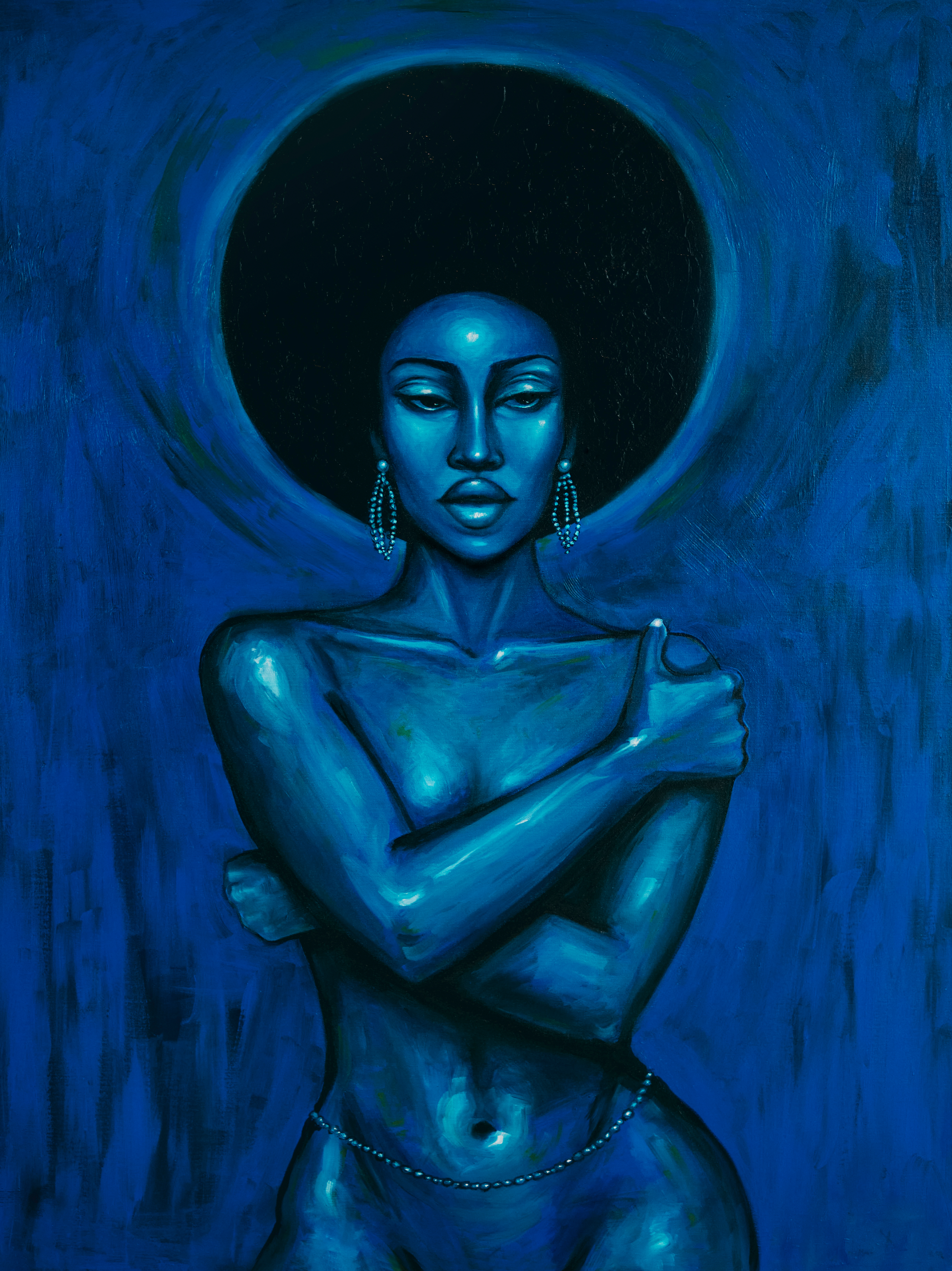 Blue Eclipse oil painting woman with glowing halo