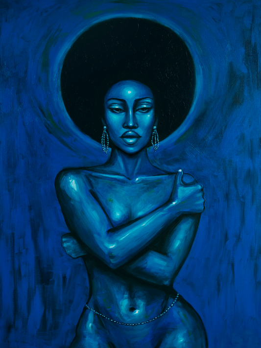 Blue Eclipse oil painting woman with glowing halo