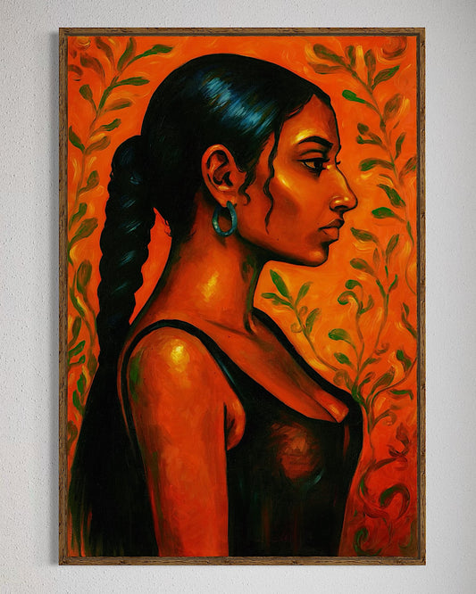 Ember oil painting portrait with orange botanical background