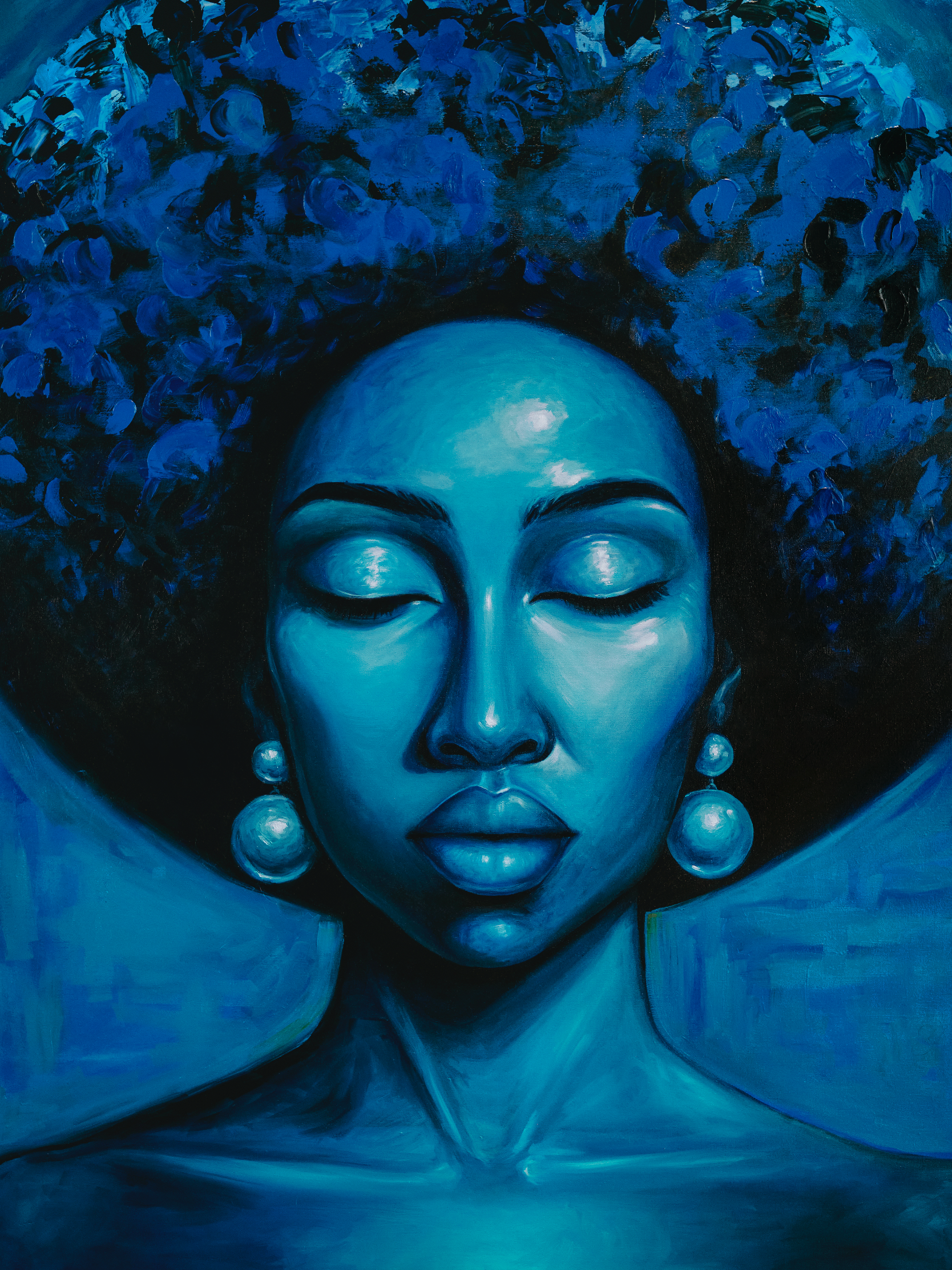 Inward original oil painting contemplative blue portrait