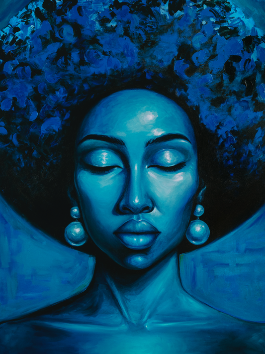 Inward original oil painting contemplative blue portrait